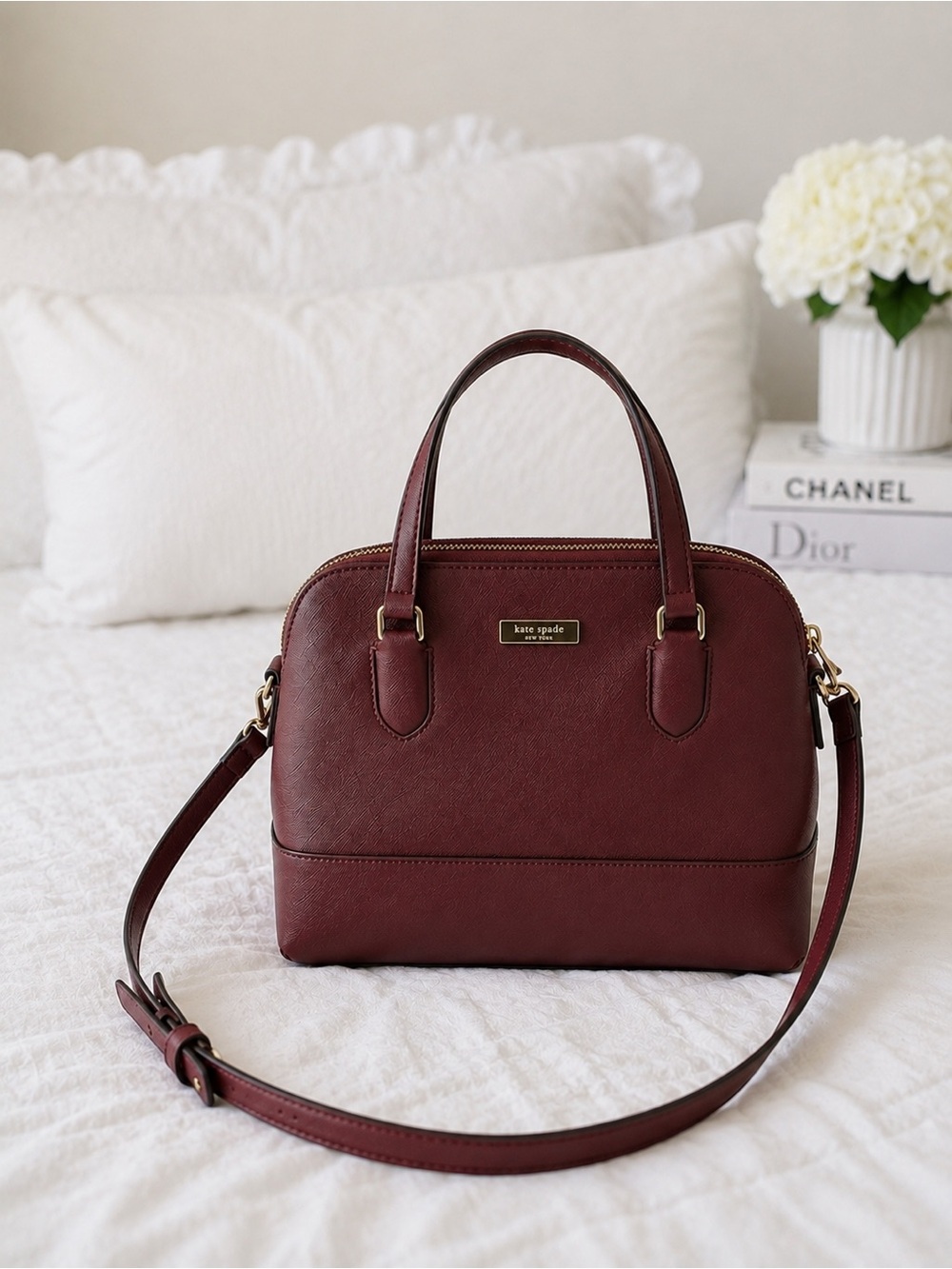 Kate Spade New York Burgundy Saffiano Satchel Crossbody Bag